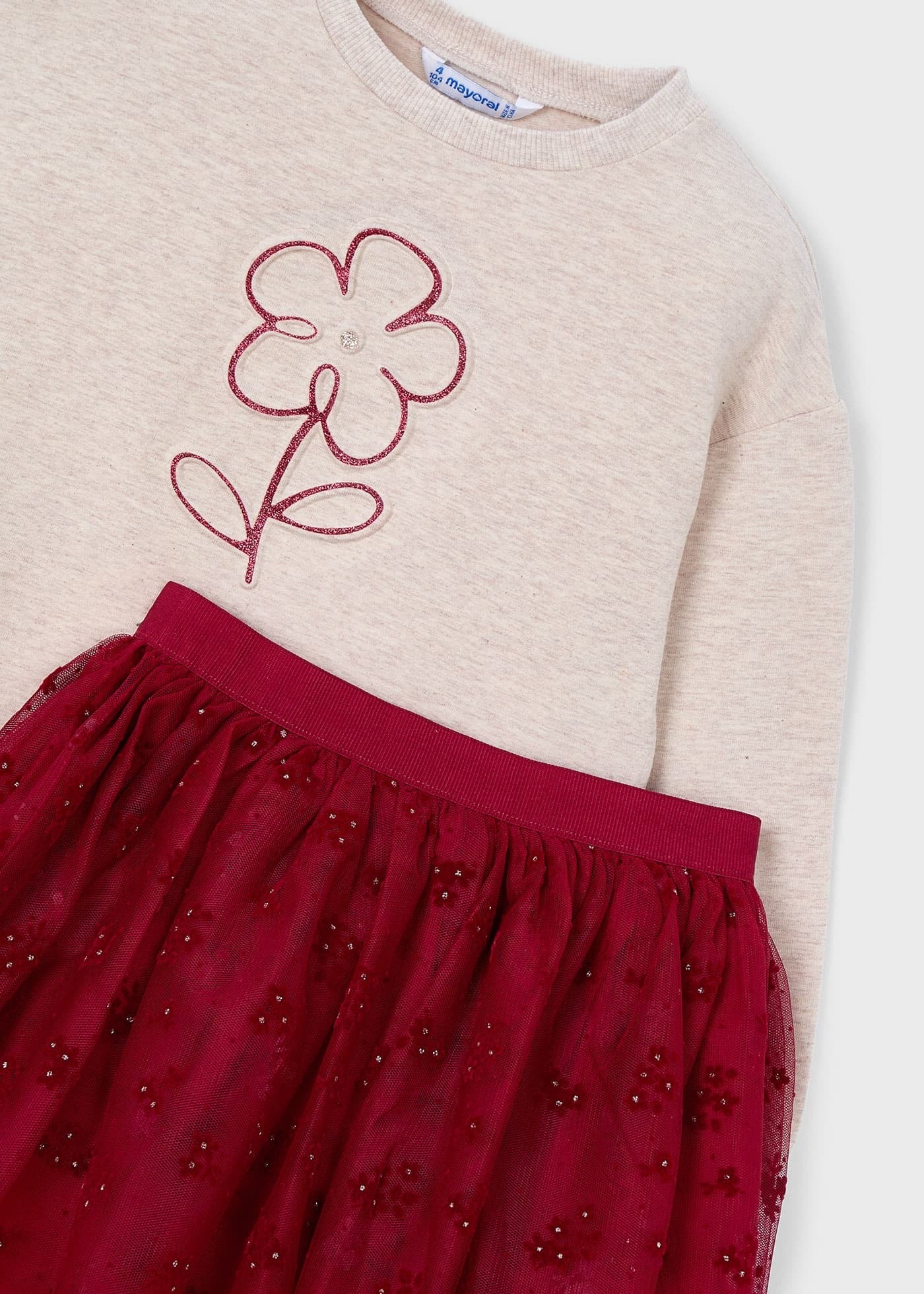 Conjunto Sudadera Flor Falda Roja
