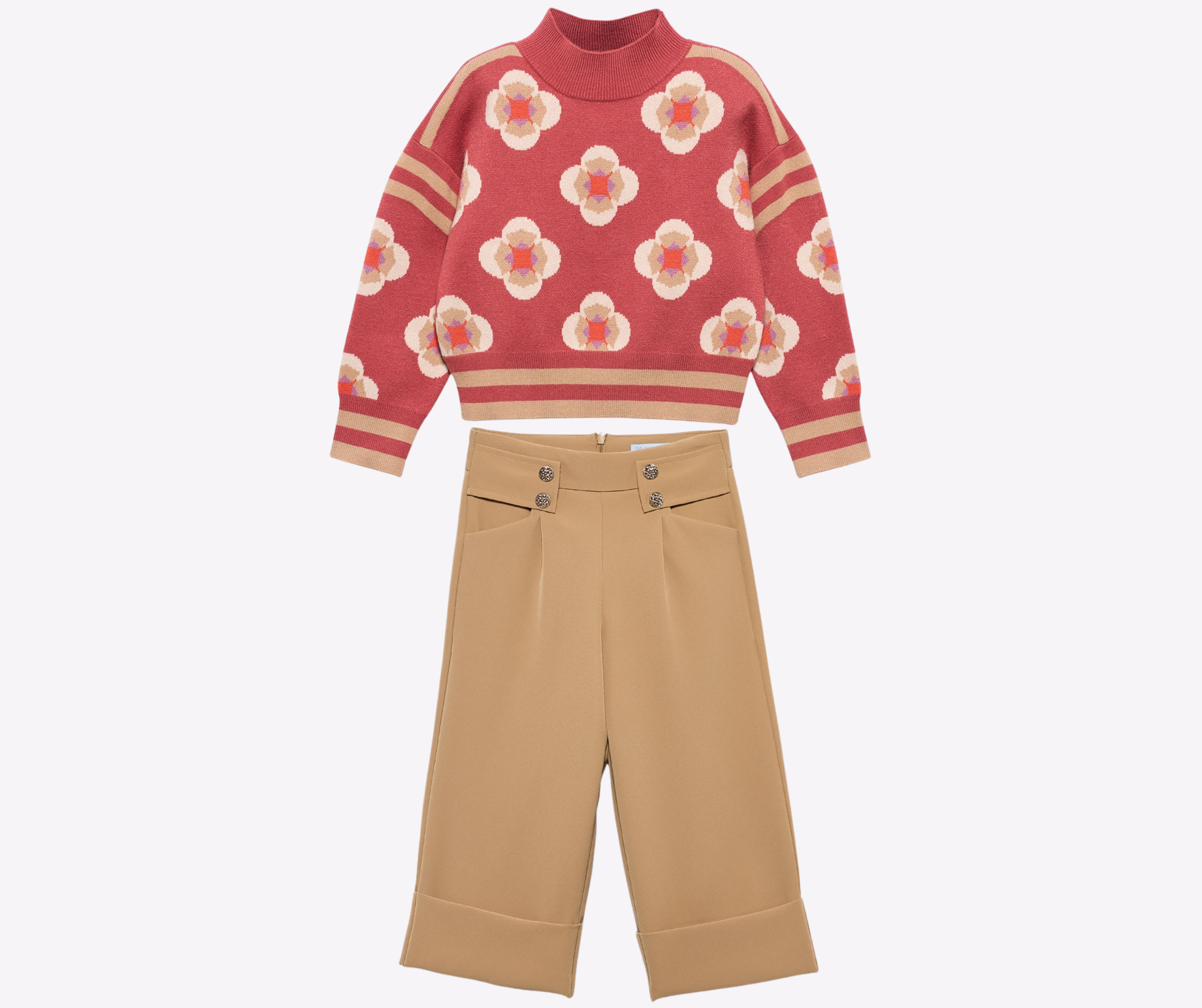 Conjunto Suéter Flores Pantalón Camel