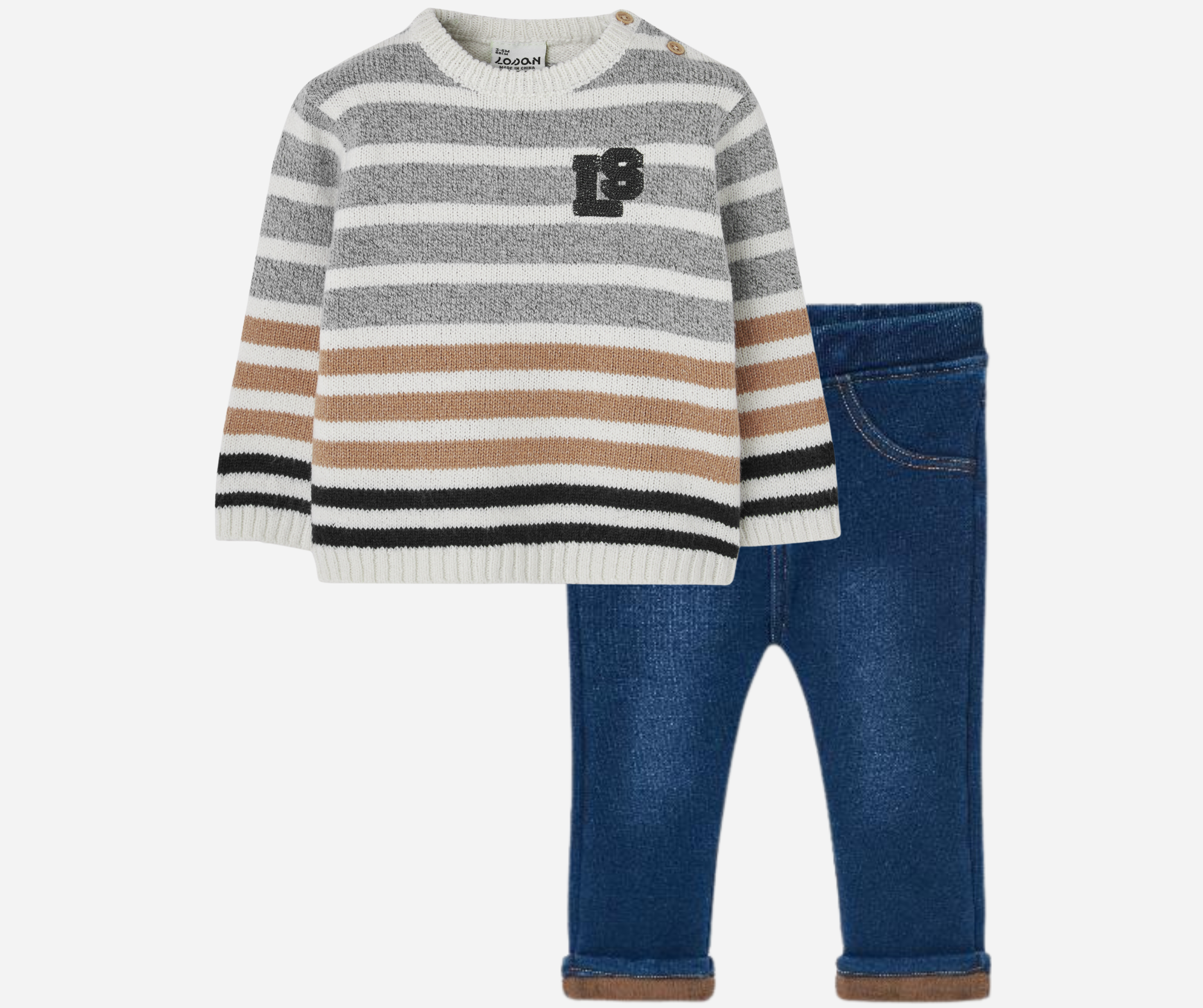 Conjunto Suéter Rayas Pantalón Mezclilla Afelpado