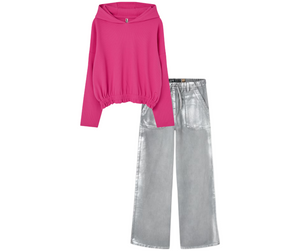 Conjunto Blusa Rosa Pantalón Metálico