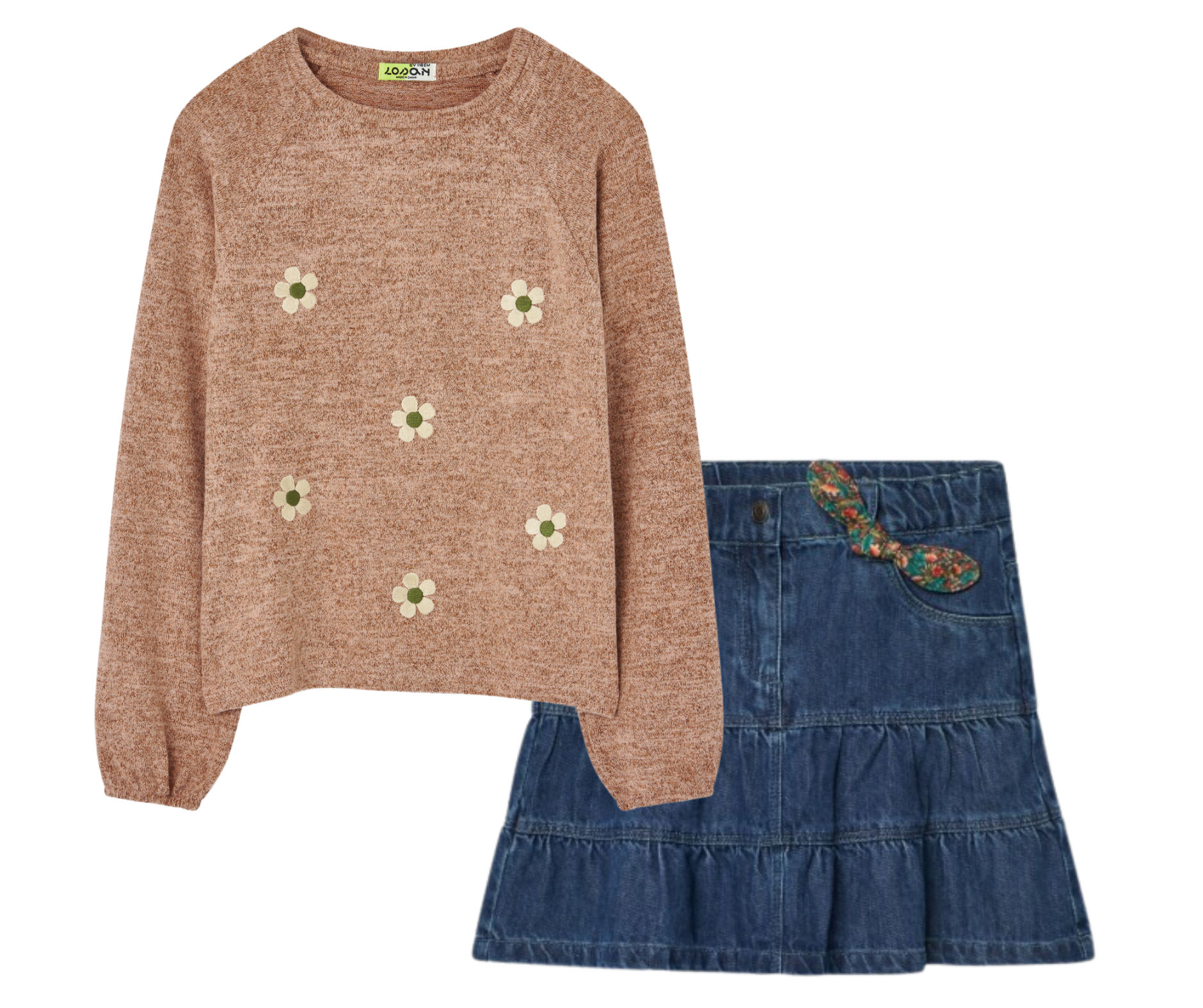 Conjunto Blusa Rosa Flores Falda Mezclilla