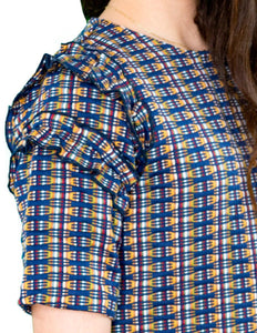 Vestido Tonos Marino y Mostaza Olanes Hombros