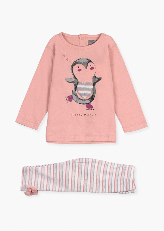 Conjunto Camiseta Rosa Pingüino Leggings Rayas