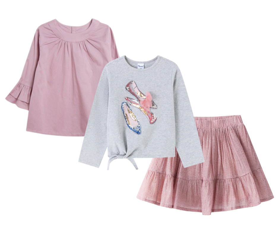 Conjunto Blusa Rosa Camiseta Gris Falda Rosa