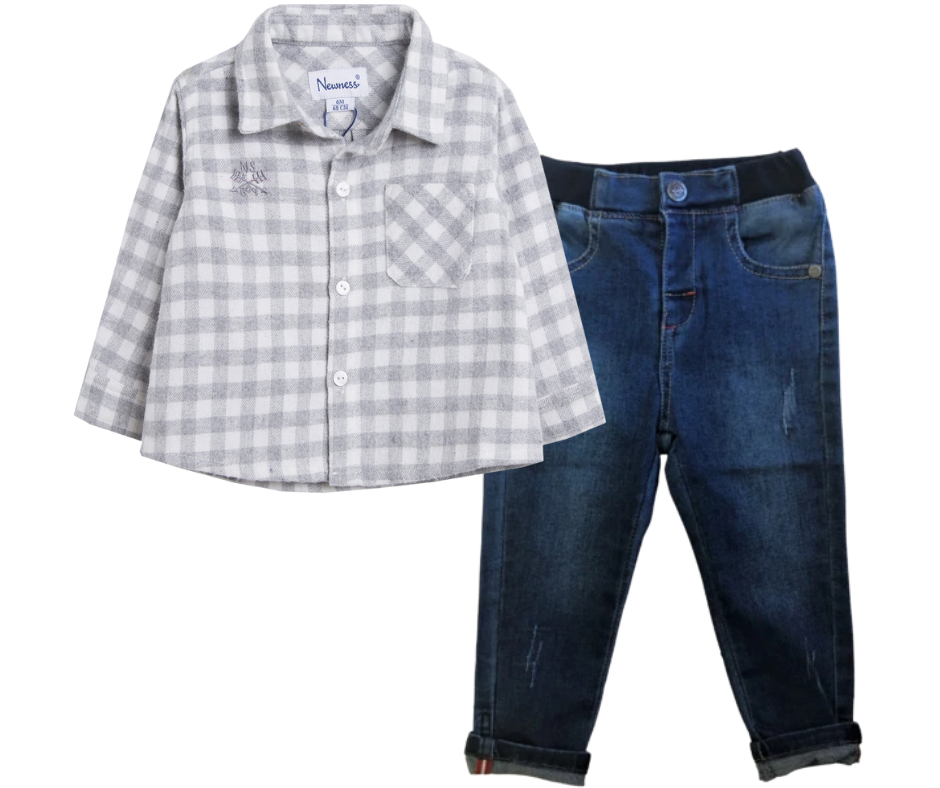 Conjunto Camisa Cuadros Gris Pantalón Mezclilla