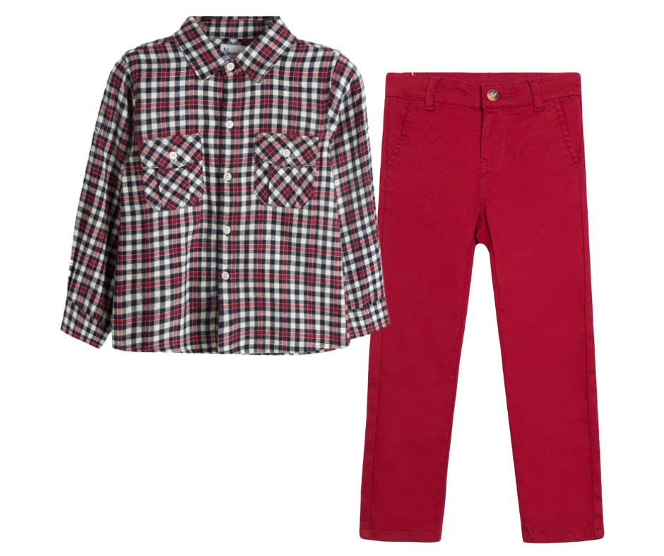 Conjunto Camisa Cuadros Pantalón Guinda