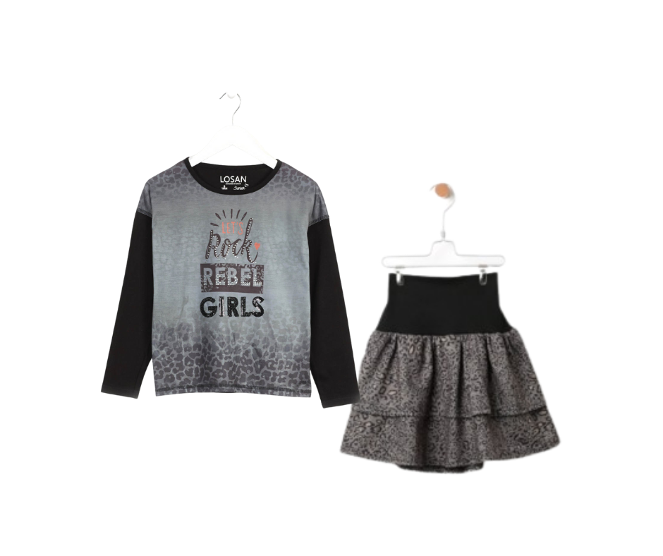 Conjunto Blusa Rock Falda Estampada