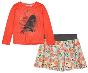 Conjunto Blusa Naranja Pajarito Falda Estampada