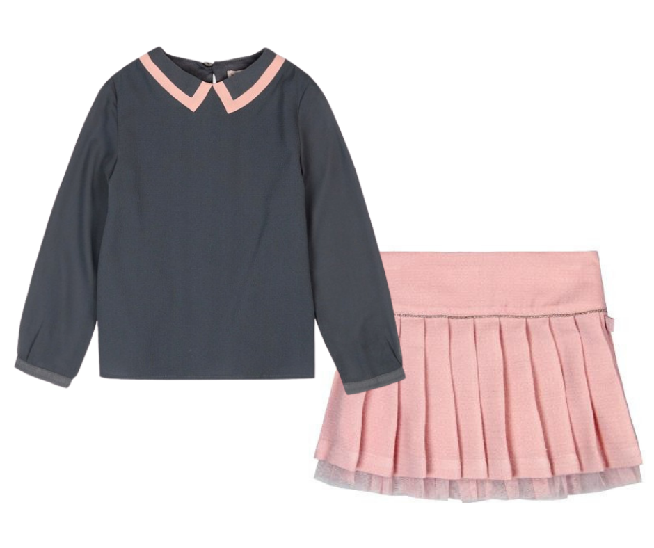 Conjunto Blusa Gris Falda Rosa