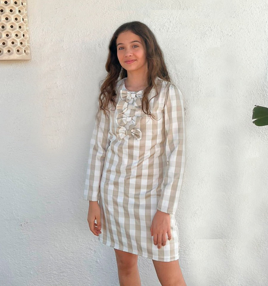 Vestido Cuadros Beige Moños
